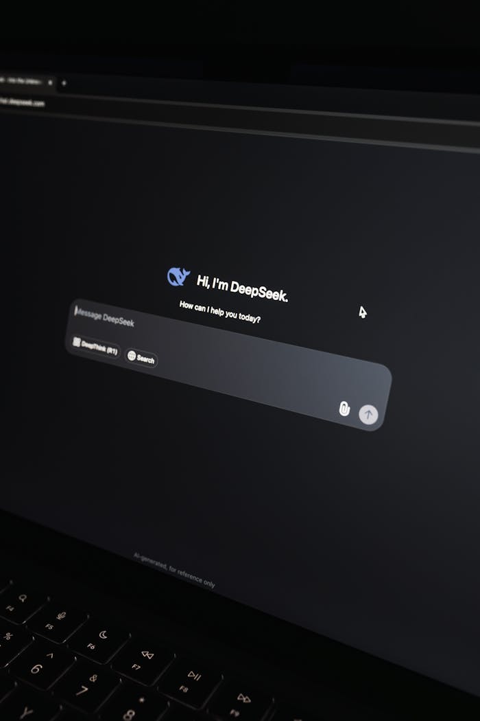 who-we-are Close-up of an AI chat interface on a laptop screen in a dark setting.
